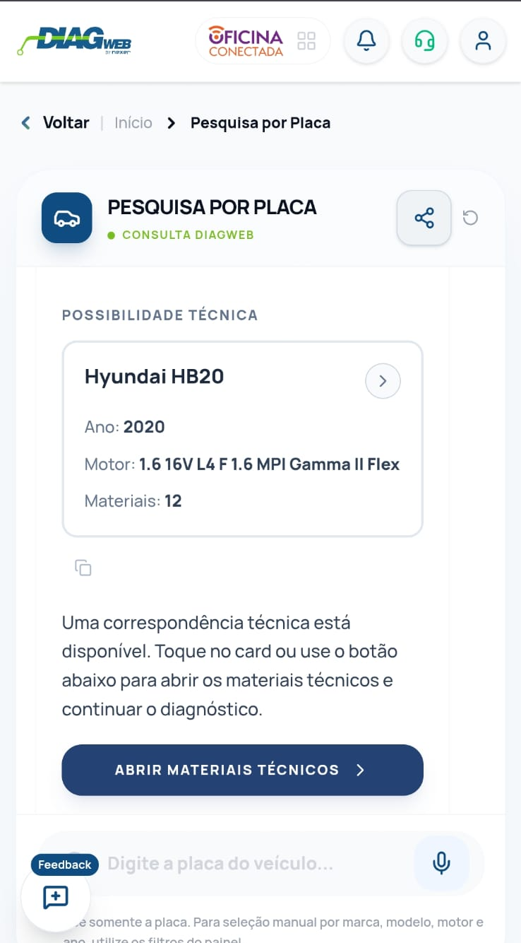 Diagweb: correspondência técnica do veículo