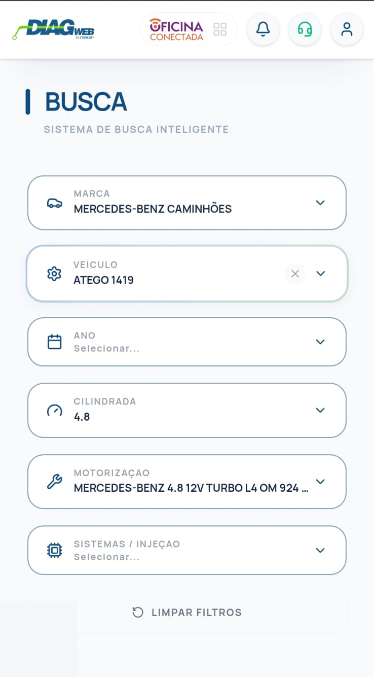Diagweb: seleção de marca, veículo, cilindrada e motorização do Atego 1419.