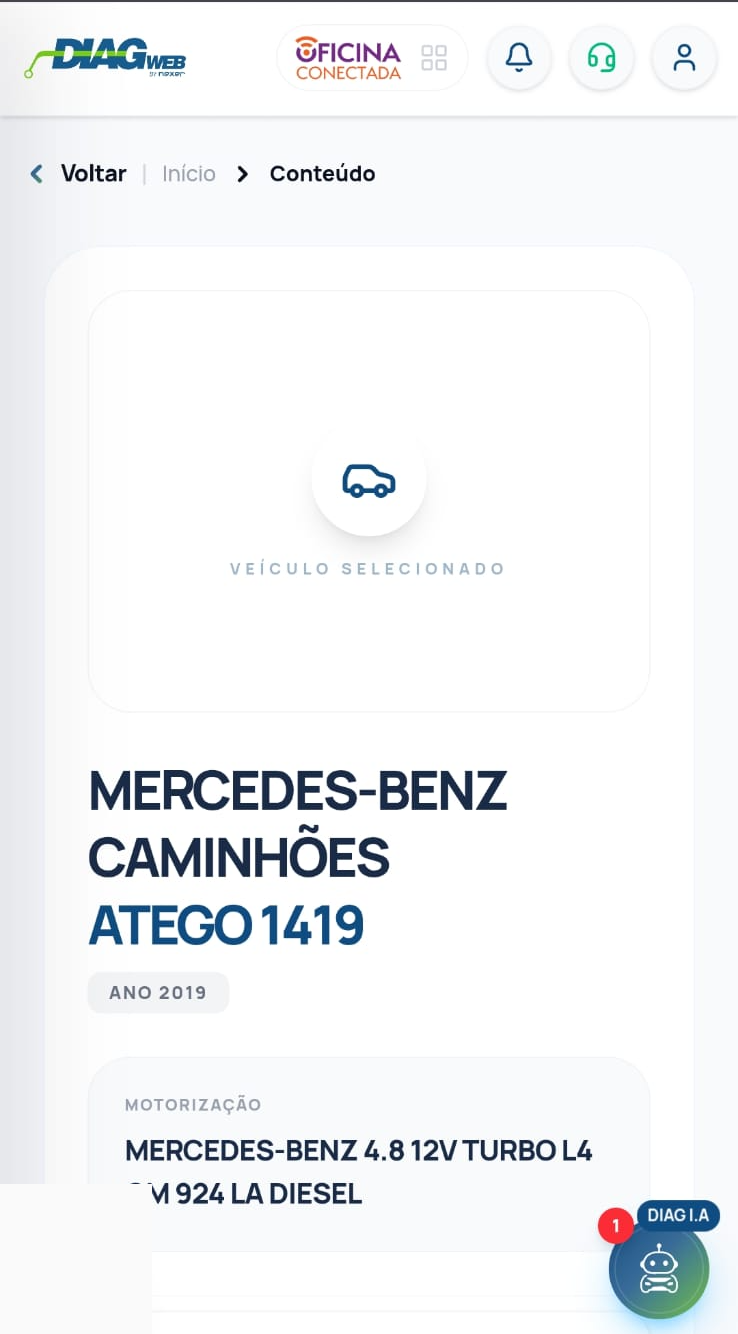 Diagweb exibindo Mercedes-Benz Atego 1419 2019 com motor OM 924 LA.