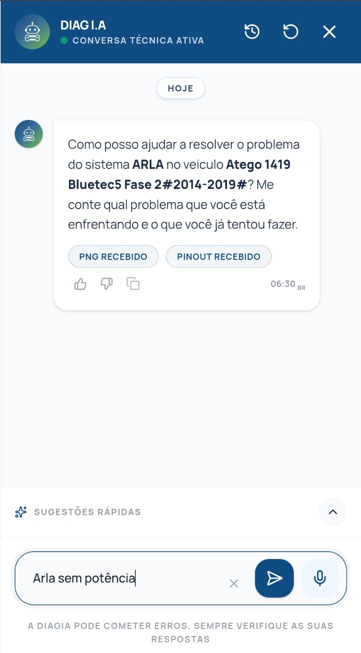 Diag IA recebendo a pergunta curta Arla sem potência no contexto do Atego 1419.