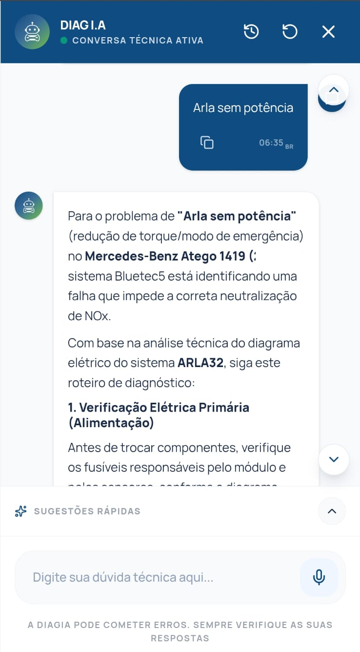 Diag IA organizando verificações iniciais para uma falha relacionada ao sistema ARLA.