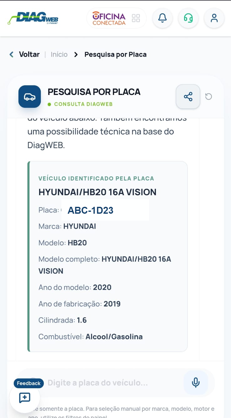 Diagweb: veículo identificado pela placa